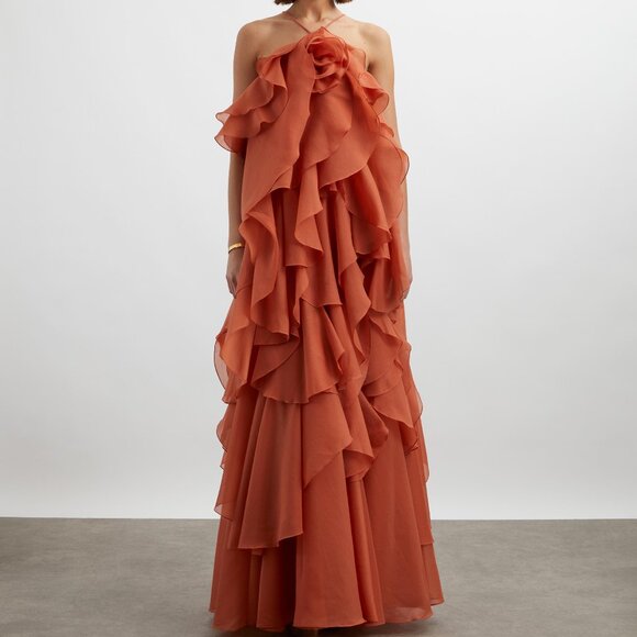 Aje Pandorea Layered Floral Ruffle Coral Clay Maxi Dress - Picture 1 of 14